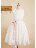 Ivory Satin Rosette Knee Length Flower Girl Dress